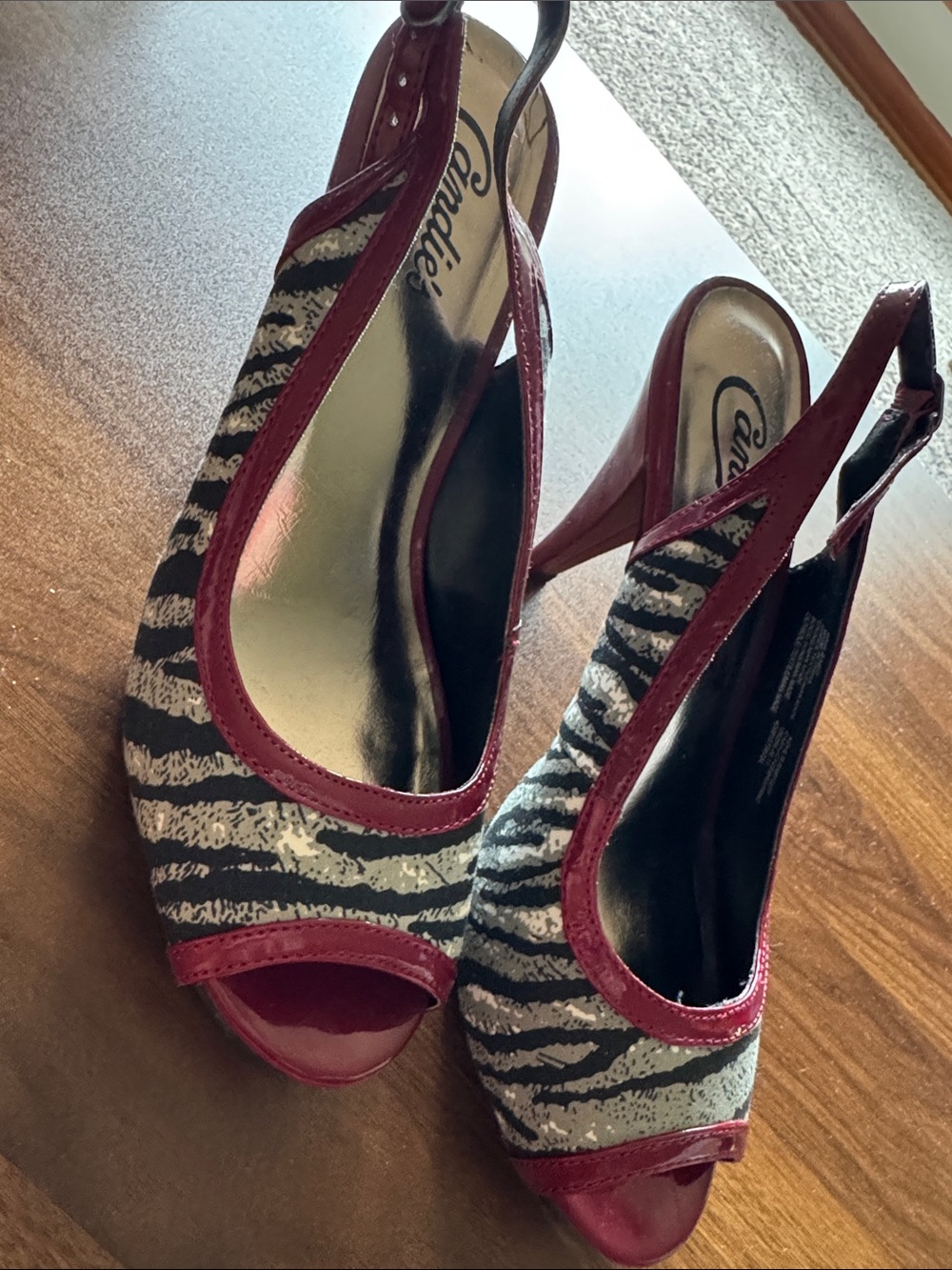 Candie's Red and Black Zebra Peep-Toe Slingback Heels